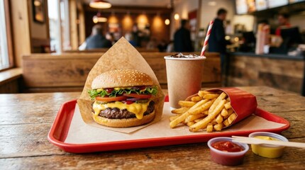 Cheeseburger meal with fries, classic fast food combo, melted cheese, crispy potatoes, warm appetizing light, no logos