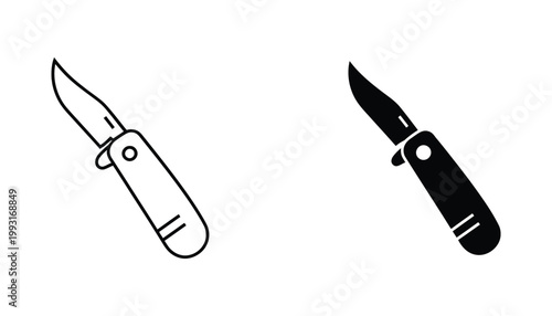 Pocket knife tool icon in outline and solid style representing outdoor utility and survival equipment for camping and adventure gear product branding design elements