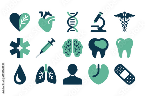 Medical and healthcare icons featuring heart DNA microscope syringe brain lungs tooth and human body silhouette for clinical design use