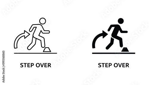 Step over obstacle human movement icon with arrow in outline and solid style representing physical activity and training safety for exercise or instructional manuals