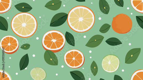 Seamless Pattern of Citrus Fruits and Leaves
