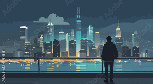 Silhouette Man Observing Futuristic Cityscape at Night