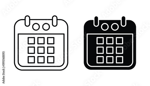 Calendar date planning icon with square grid in outline and solid style representing scheduling and time management for business project organization and task tracking apps