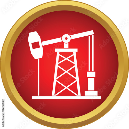 Oil pumpjack extracting fossil fuel energy in a red and gold circular icon