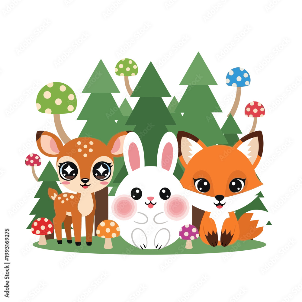 Fototapeta premium Cute cartoon deer rabbit and fox characters standing in a forest with colorful mushrooms isolated on transparent background for creative children projects and digital design