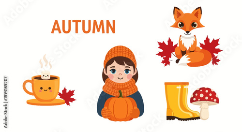 Autumn season illustration featuring cute character enjoying fall lifestyle with warm colors for digital marketing