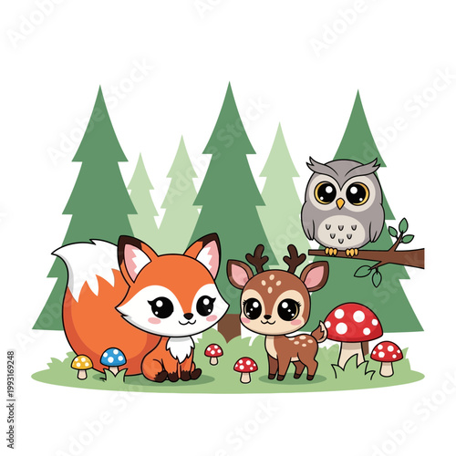 Cute cartoon forest animals like a fox deer and owl sitting together in nature for a fun children design illustration with a transparent background