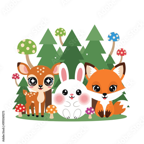 Cute cartoon deer rabbit and fox characters standing in a forest with colorful mushrooms isolated on transparent background for creative children projects and digital design