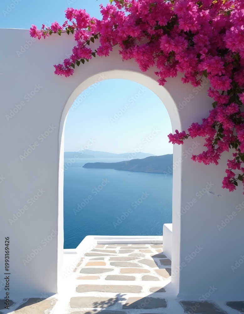 Fototapeta premium White archway frames deep blue Aegean Sea and distant islands. Pink bougainvillea flowers cascade over white wall, creating Mediterranean paradise view. Stone path leads towards ocean.