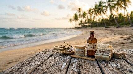 Serene beach view with a weathered wooden surface in the foreground, blurred palm trees and ocean in the background, tropical product display setting, natural light, realistic detail, no logos