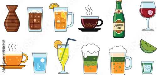 Botanical Beverage and Herbal Infusion Vector Icon Set Featuring Hibiscus Water, Lavender Tonic, Jasmine Nectar, Rose Petal Drink, and Citrus Herbal Tea