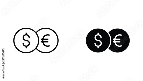 Dollar and euro currency coins overlapping icon in black and white vector format for financial and global business exchange rate concepts