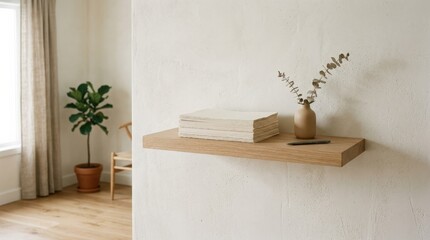 Minimalist shelf with stack of papers against textured wall, serene uncluttered interior scene, soft natural light, clean modern styling, realistic detail, no logos