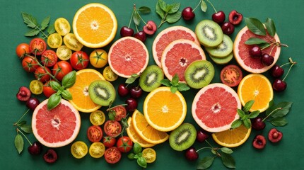 Sliced oranges grapefruit cherries kiwi and tomatoes with leaves on green background, vibrant fresh produce flat lay, healthy food concept, bold colors, clean studio light, realistic detail, no logos