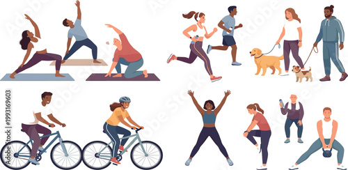Comprehensive flat vector set featuring diverse multicultural people practicing various healthy activities like yoga running cycling kettlebell training and walking dogs for wellness.