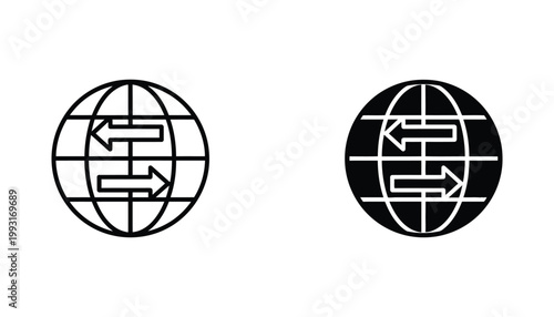 Global business logistics and international trade icon set featuring world globe with bidirectional arrows in outline and solid black for shipping and supply chain management