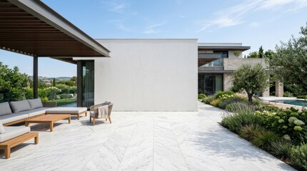 Empty white stucco wall in modern backyard patio with marble tile floor, luxury home terrace and garden architecture background, clean outdoor scene, bright natural light, no logos