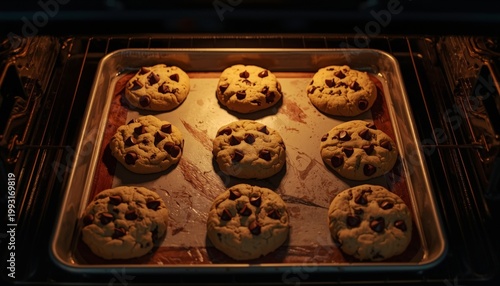 These are chocolate chip cookies on a baking sheet in an oven