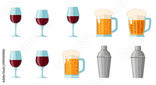 Various alcoholic beverages including wine glasses, beer mugs, and cocktail shakers.