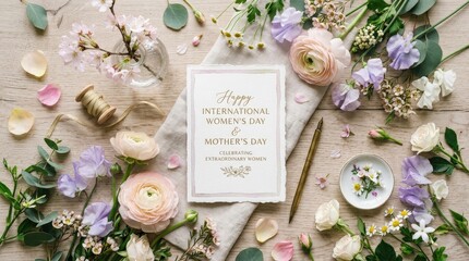 Beautiful spring background with delicate fresh flowers, floral greeting card flat lay for International Women's Day or Mother's Day, realistic detail, no logos