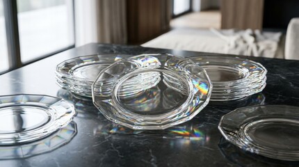 Elegant minimalist glass plates with dispersion light effect, refined optical motion design, luxury abstraction, crisp reflective surfaces, clean modern composition, no logos
