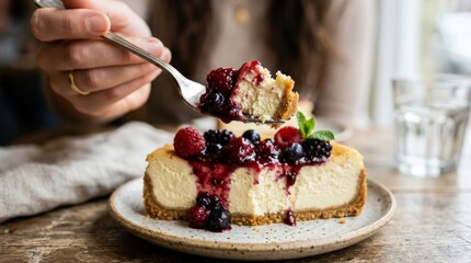 Cheesecake with berry sauce being served on a fork, indulgent dessert close-up, creamy texture and rich topping, realistic food photography, no logos