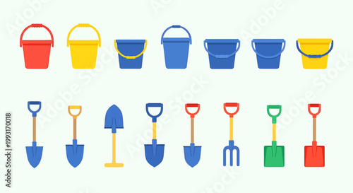 Collection of colorful buckets and shovels for beach or sandbox play.