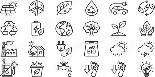 Comprehensive set of ecology and renewable energy line icons featuring solar panels wind turbines electric cars recycling and green technology for environmental sustainability concepts.