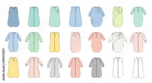Collection of various baby sleep sacks and swaddles in different colors and styles.
