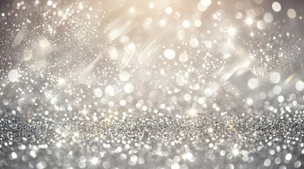Shimmering silver background with sparkling bokeh, festive abstract texture, elegant celebration backdrop, luminous holiday atmosphere, bright glints, copy space, no logos