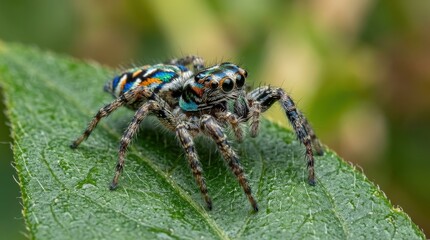 Detailed macro shot of a small colorful jumping spider on a leaf, vivid tiny arachnid with striking markings in a natural setting, sharp close up wildlife detail, soft light, no logos