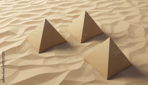 There are three pyramids sitting in the sand on the beach