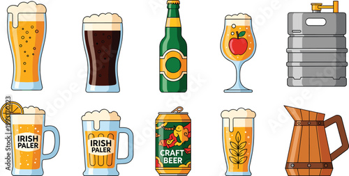 Craft Beer and Brewery Vector Icon Set Featuring Beer Keg, Pitcher, Pint Glasses, Stout, Irish Ale, Craft Beer Can, and Cider with Apple