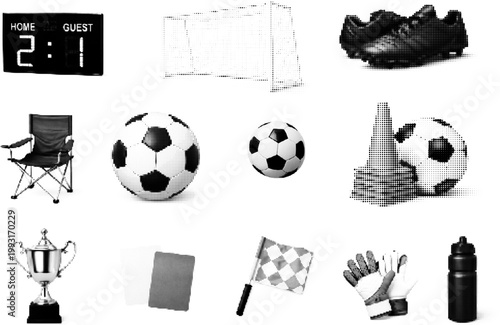 Halftone vector dotted retro soccer gear and equipment grunge design