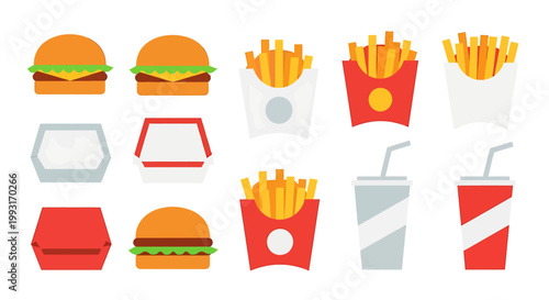Delicious fast food collection featuring burgers, fries, and drinks, perfect for menus.