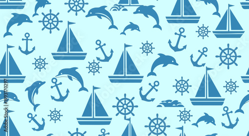 Nautical seamless pattern with blue sailboats and dolphins, maritime vector background with anchors and ship wheels, ocean theme wallpaper for fabric