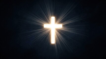 Glowing white cross symbol with light rays on a dark background, spiritual faith concept with radiant sacred glow and solemn atmosphere, no logos