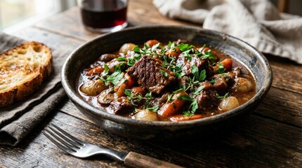Delicious meat dish garnished with fresh green herbs, savory main course close-up, rich texture and appetizing presentation, rustic food styling, no logos