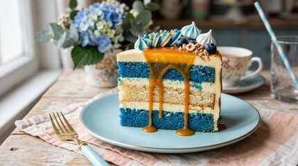 Layered cake slice with dripping caramel and blue sponge base on pastel plate, whimsical dessert styling with playful color contrast and modern sweet art direction, realistic detail, no logos