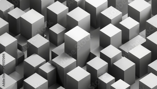 Black and white photo of a bunch of cubes in a room