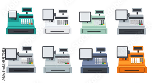 Collection of various cash registers in different colors, isolated on white background.