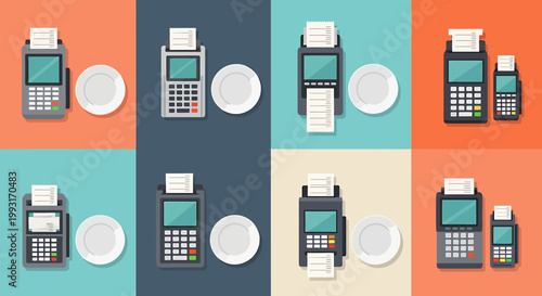 Payment terminals and plates arranged in a colorful, modern composition.