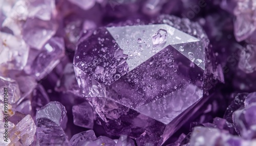 There is a close up of a purple crystal on a pile of rocks