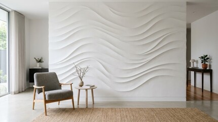 Textured white wall with flowing wave patterns, modern interior design background, elegant architectural surface, soft shadows, clean minimal aesthetic, realistic detail, no logos