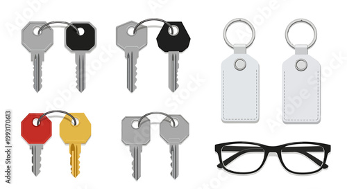 Collection of various keys and keychains with eyeglasses on white background.