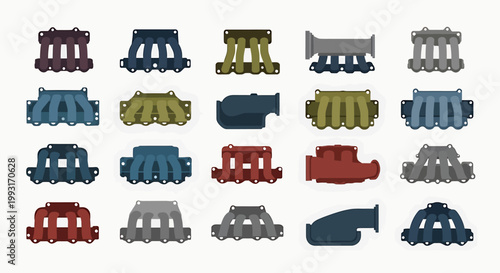 Collection of various engine intake manifolds in different colors and designs.