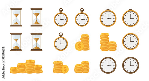 Collection of timepieces and coins representing financial concepts and time management.