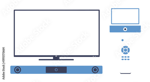 Modern home entertainment system setup with television, soundbar, and remote control.
