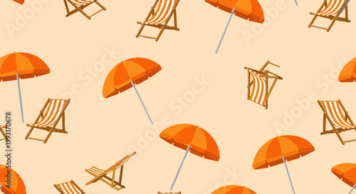 Summer beach seamless pattern with orange sun umbrellas and deck chairs, tropical vacation background, repeating vector illustration for textile