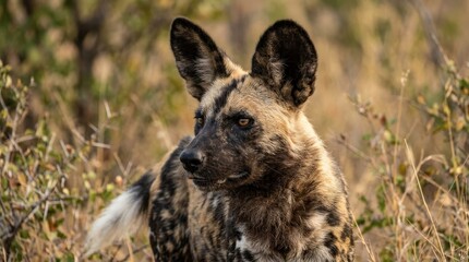 Close up portrait of an African wild dog in its natural habitat, detailed wildlife scene with alert expression and textured fur, soft outdoor light, realistic detail, no logos